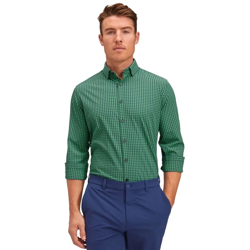 Cavallo The Linen Club | Men's Green Gingham Plaid Long-Sleeve Button-Down Shirt
